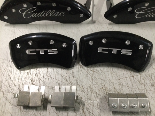 MGP 4 Caliper Covers Engraved Front Cursive/Cadillac Engraved Rear CTS Black finish silver ch | 35020SCTSBK Scratch & Dent