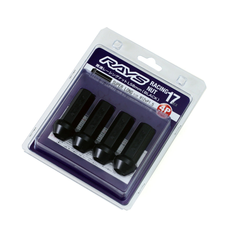 Rays 17 Hex Racing Nut Set L58 Super Long Type 12x1.50 - Black Chromate (4 Pieces) (W17RN12150BL58)