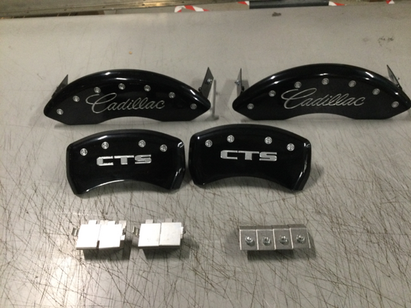 MGP 4 Caliper Covers Engraved Front Cursive/Cadillac Engraved Rear CTS Black finish silver ch | 35020SCTSBK Scratch & Dent