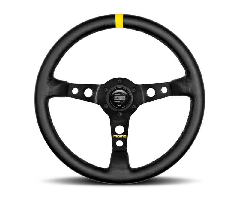 MOMO MOD07 350mm Black Leather Steering Wheel with Black Spokes and Stripe