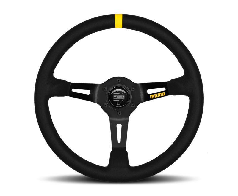 MOMO MOD08 350mm Black Suede Steering Wheel with Black Spokes and Single Stripe