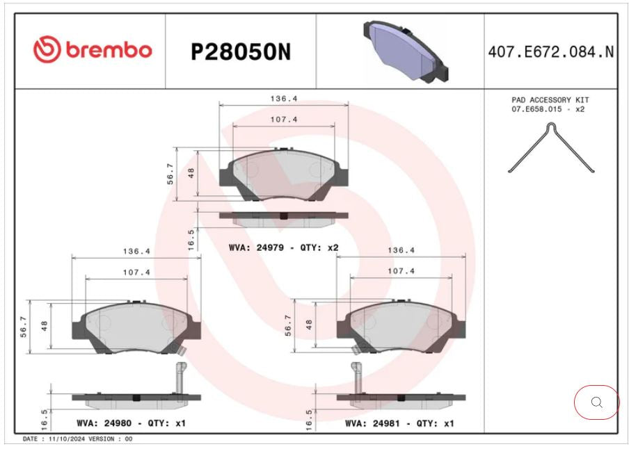 Brembo 11-15 Honda CR-Z/09-13 Fit/15-20 Fit Front Premium NAO Ceramic OE Equivalent Pad (P28050N)
