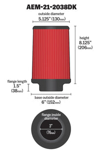 AEM Induction 3-Inch Short Neck 8-Inch Air Filter Part Number AEM21-2038DK