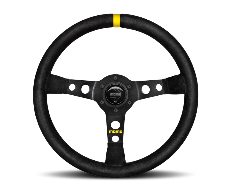 MOMO MOD07 350mm Black Suede Steering Wheel with Black Spokes and Stripe