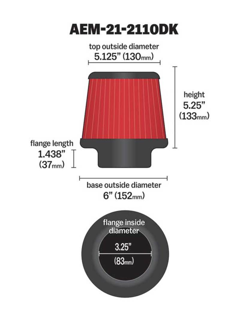 AEM Induction 3.25-inch DryFlow Short Neck 5-inch Element Filter - Universal Clamp-On Air Filter for Enhanced Performance
