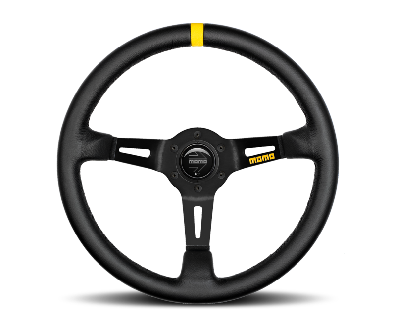 MOMO MOD08 350mm Black Leather Steering Wheel with Black Spokes and Single Stripe
