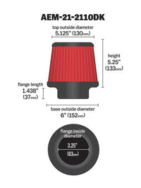 AEM Induction 3.25-inch DryFlow Short Neck 5-inch Element Filter - Universal Clamp-On Air Filter for Enhanced Performance