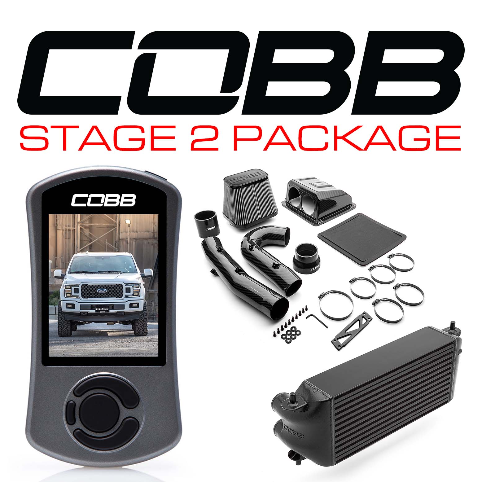 Cobb 18-20 Ford F-150 2.7L Stage 2 Redline CF Power Package - Black (Factory Loc I/C)