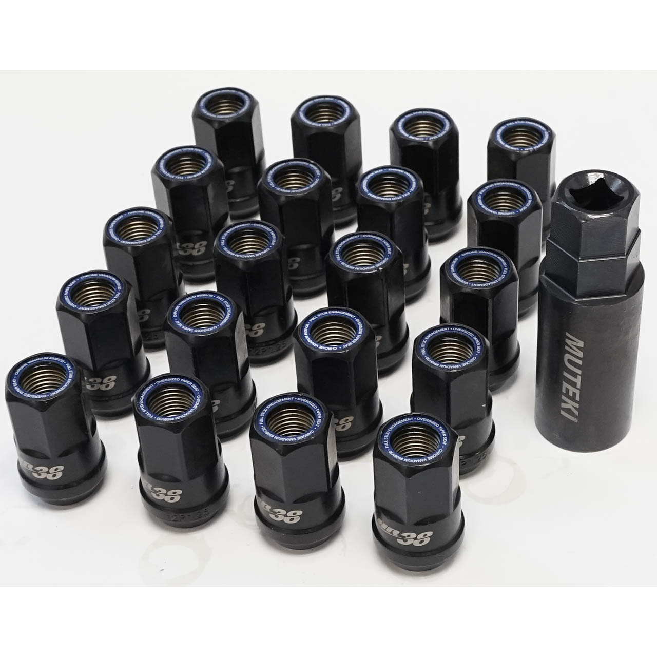 Wheel Mate Muteki HR38 Open End Lug Nuts 12x1.25 Black Chrome / Blue Ring