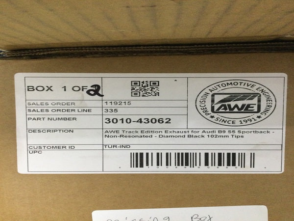 AWE Tuning Audi B9 S5 Sportback Track Edition Exhaust - Non-Resonated (Black 102mm Tips) — Incomplete: Missing hardware box 1