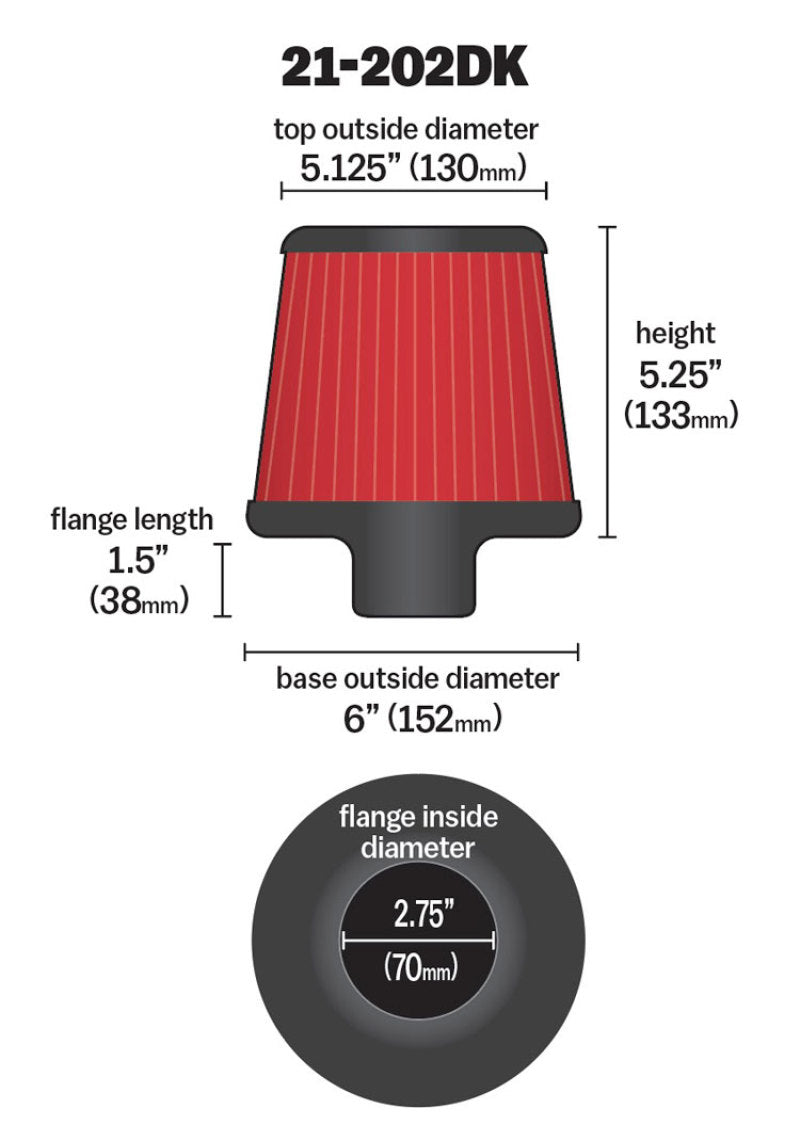 AEM Induction 21-202DK Dryflow Air Filter – 2.75-inch Short Neck, 5-inch Element