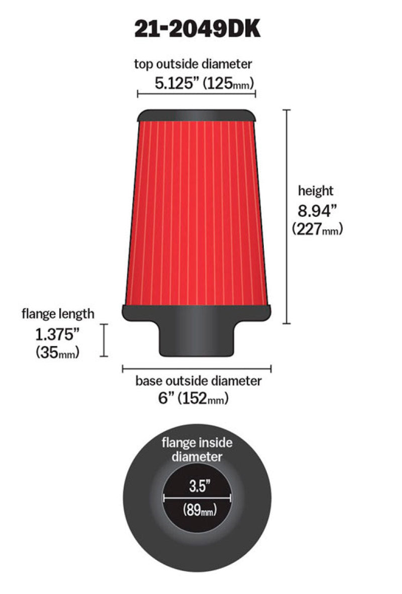 AEM Induction 21-2049DK Dryflow Universal Clamp-On Air Filter - 3.5 Inch Short Neck, 9 Inch Element