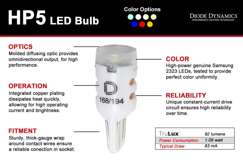 Diode Dynamics 194 HP5 LED Bulb - Warm White - High Power Replacement for Audi S5 and Volkswagen Passat