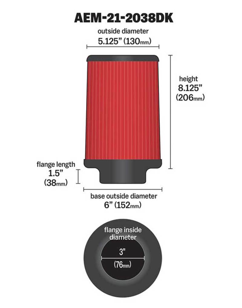 AEM Induction 3-Inch Short Neck 8-Inch Air Filter Part Number AEM21-2038DK