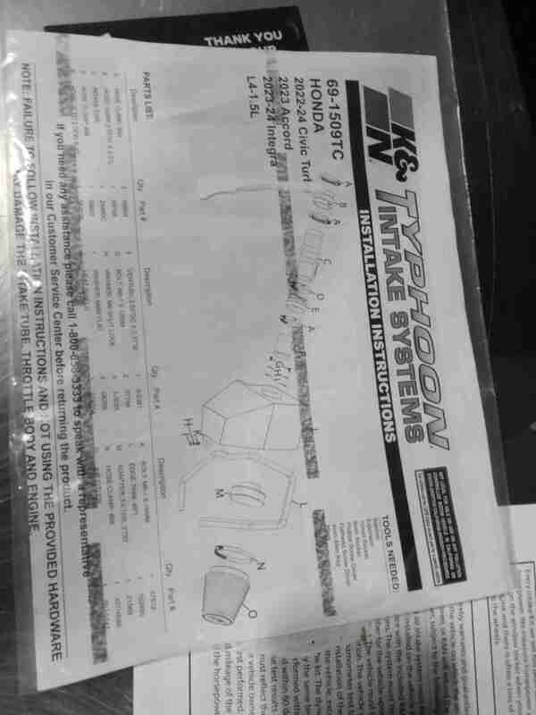 K&N 2022+ Honda Civic 1.5L Turbo L4 Silver Typhoon Intake (69-1509TC) — Incomplete: Missing components